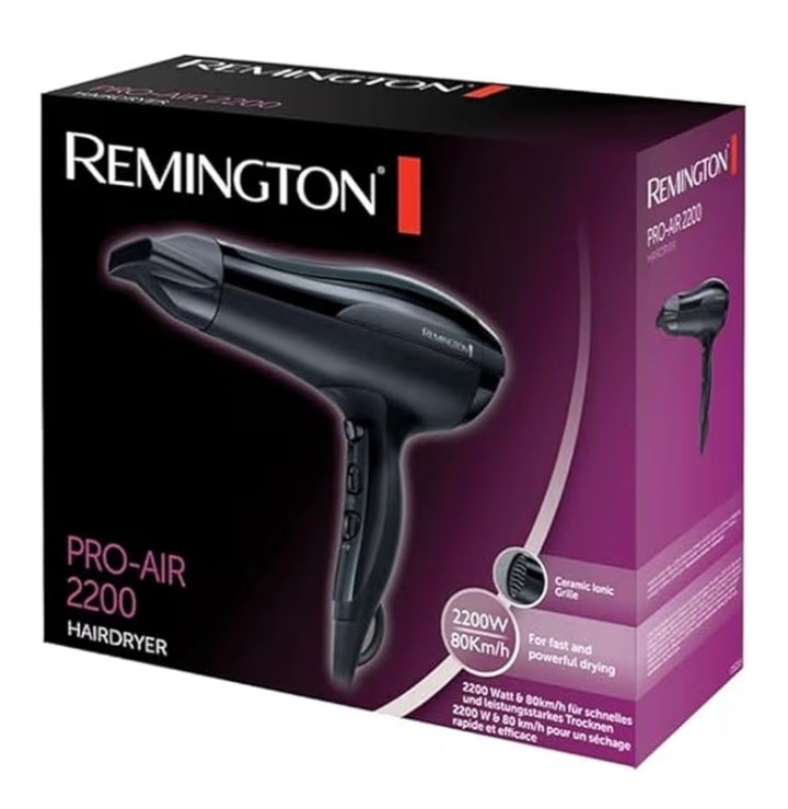Remington Asciugacapelli Pro-Air 2200W, Con Ioni per risultati piu Luminosi e meno Crespi, Bacchetta per styling, 3 livelli di riscaldamento e 2 livelli di ventola, Nero, D5210
