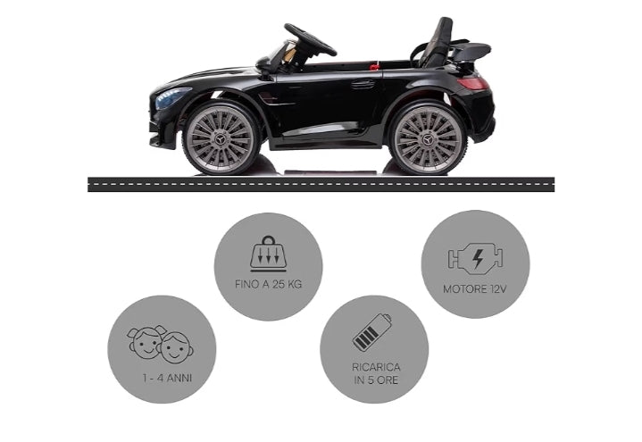 Mercedes AMG Sport Macchina Elettrica per Bambini Baby car Elettrica Full Optional, Auto Telecomandata Sedile in Plastica, Porte Apribili, Motore 12V, Carico fino a 25 Kg 1-4 anni, Nero