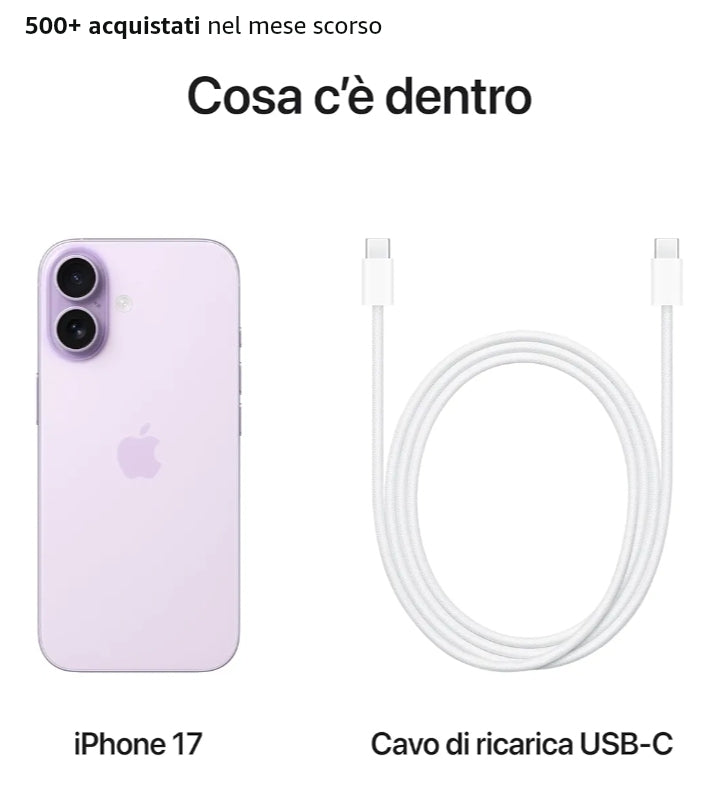 Apple iPhone 17 256 GB: display 6,3" con ProMotion, chip A19, fotocamera frontale per selfie di gruppo più facili, più resistenza ai graffi, un giorno intero di batteria; Lavanda