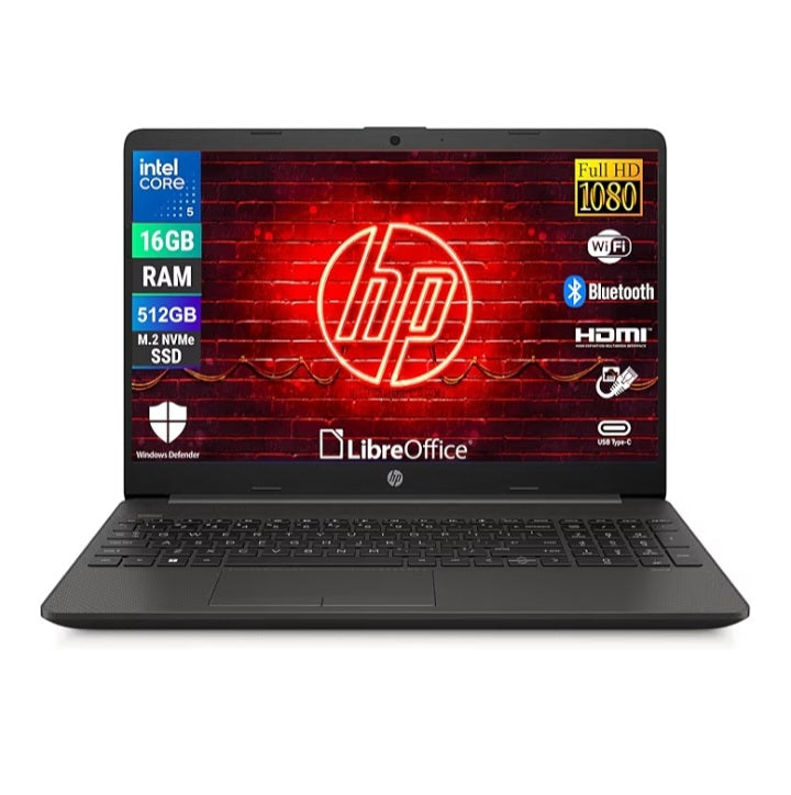 HP 250R G9, Computer Portatile Notebook, Intel 5-120u 10 Core 1.4Ghz, Display 15.6'' FHD, Ram 16GB, SSD 512GB, Windows 11, Pronto all'uso con Libre Office